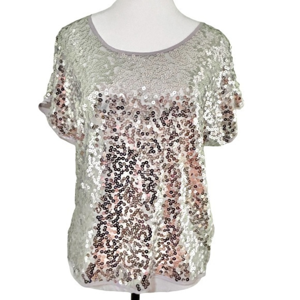 Sparkly Silver Sequin Shortsleeved Top by Seductions - New Size Medium 💍